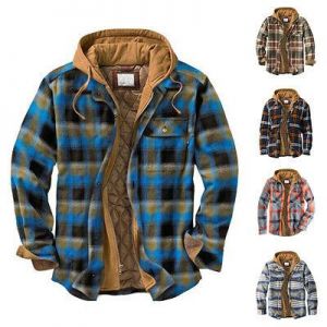 Men&#039;s Plaid Heavy Flannel Shirt Hoodie Soft Fuzzy Fleece Zip-Up Jacket Warm Coat