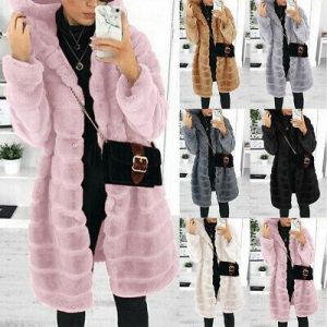 sns חורף ❤️ Women&#039;s Warm Faux Fur Fluffy Coat Hooded Fleece Jacket Long Outwear Plus Size